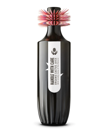 Bouteille Organic Cactus Juice à bouchon hérissé de fibres roses, habillée d’une étiquette « Handle with care » — Maison Satab