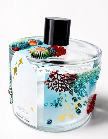 Flacon de parfum ceint d’un ruban imprimé d’un motif de récif corallien aux tons turquoise et rouge — Maison Satab